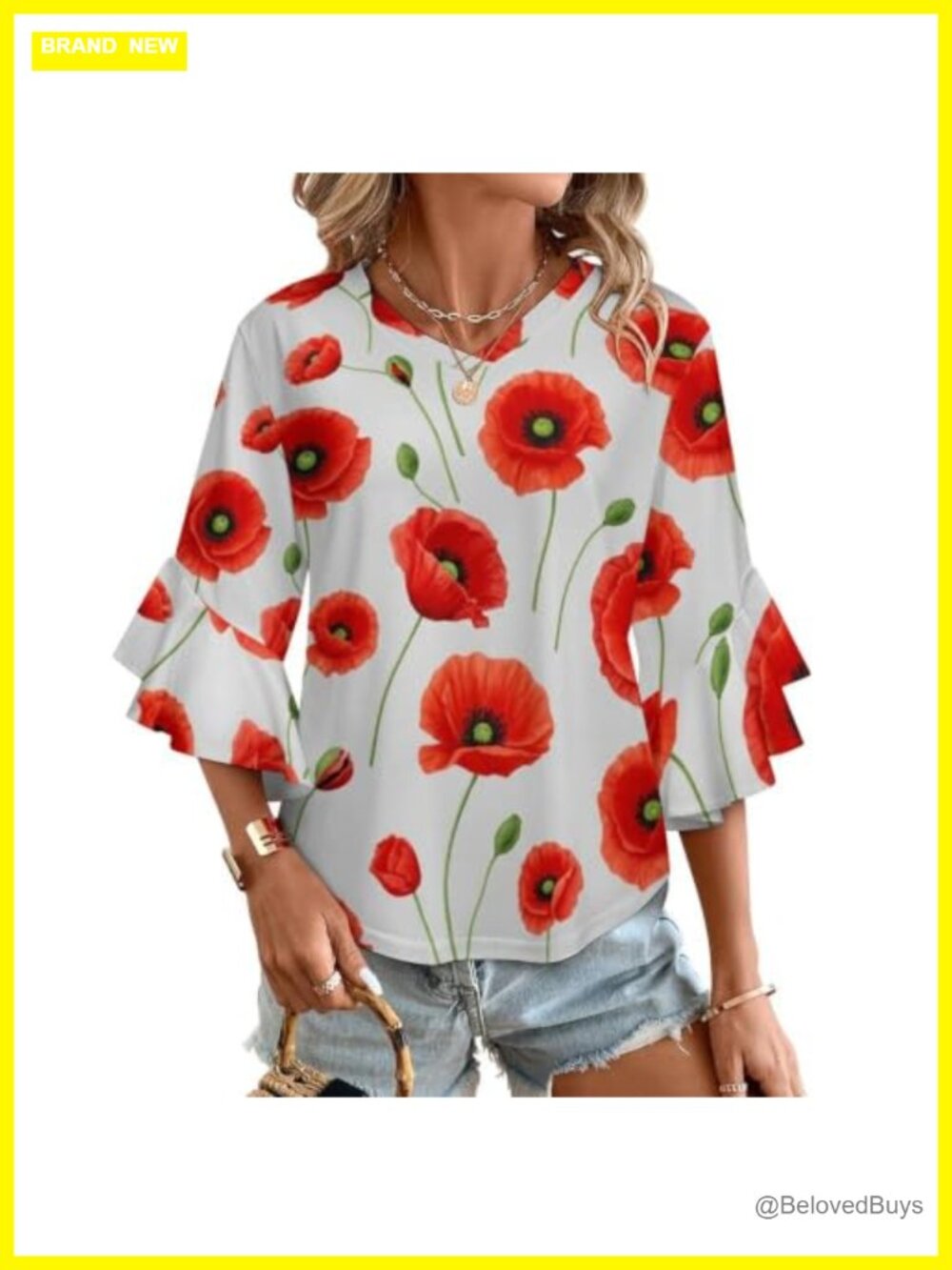 Womens Floral V-Neck Ruffle Sleeve Tunic Top 3/4 Sleeve Blouse